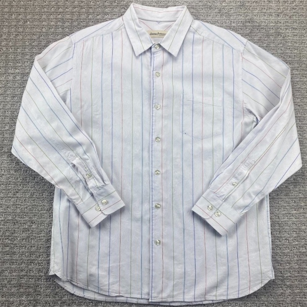 Tommy Bahama Shirt Men Large L White Orange Blue Green Stripes Button Up Casual